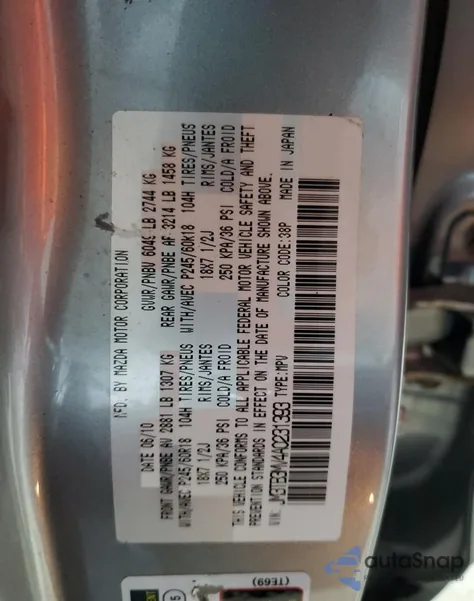 2010 Mazda Cx-9 z USA, uszkodzony, nr VIN JM3TB3MV4A0231393